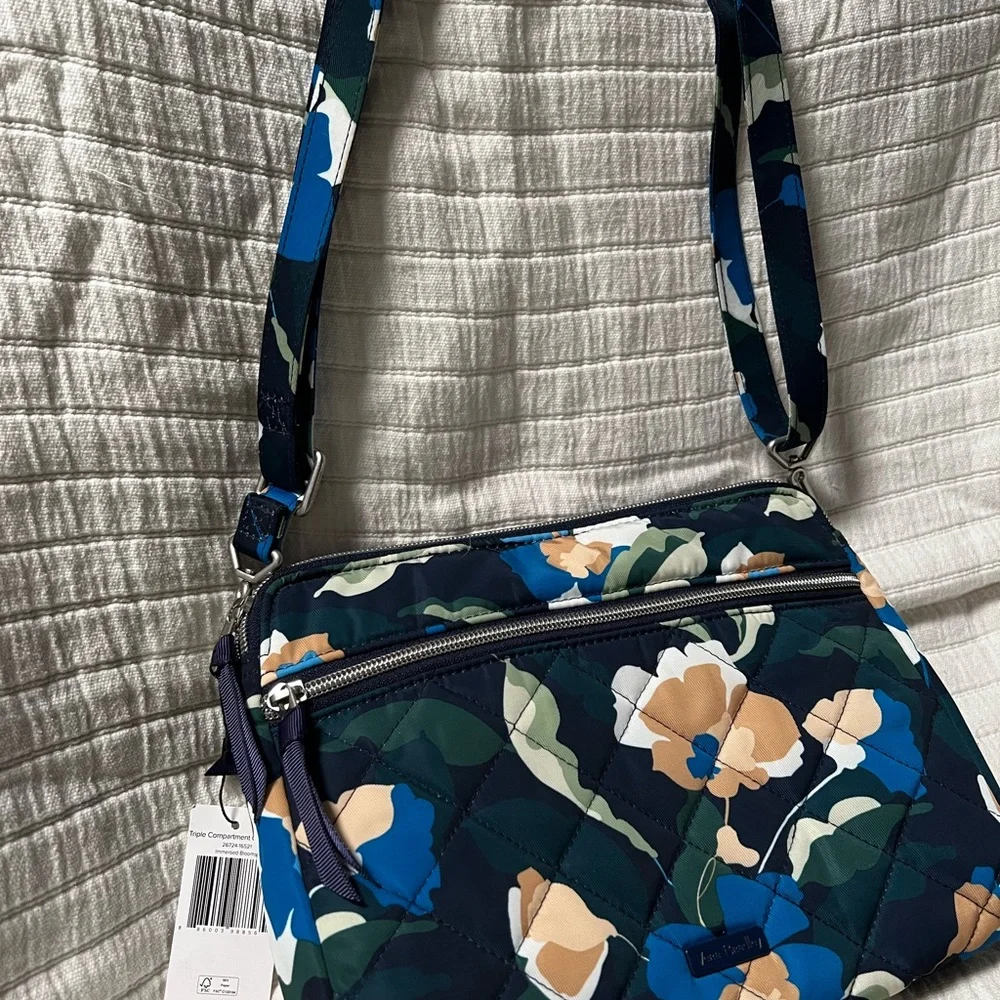 Vera Bradley performance twill 3 zippered crossbody in Immersed Blooms - Picture 1 of 5